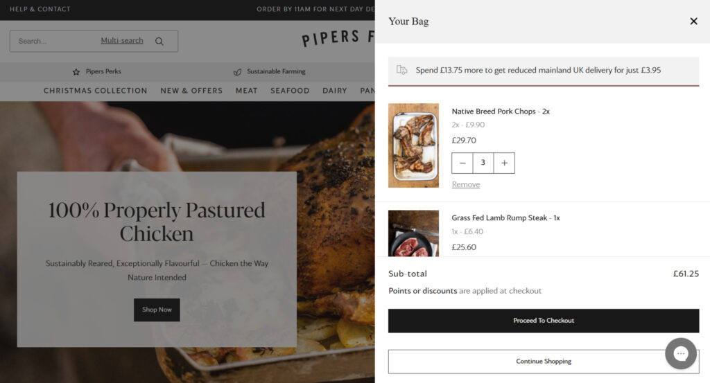 The Date & Delivery Selector App in action on the Pipers Farm website.